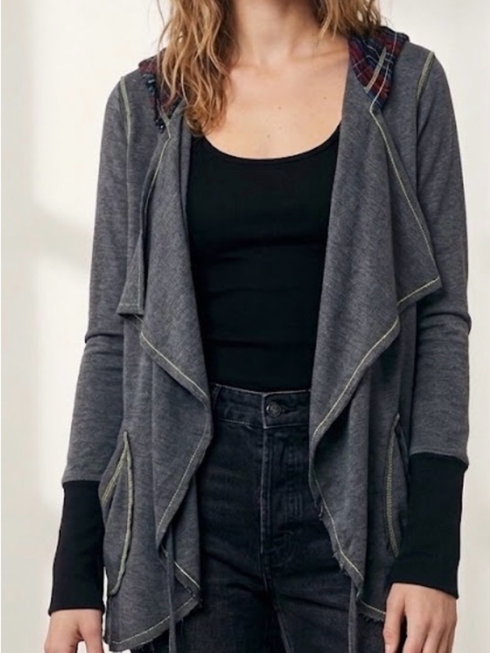 Scrapbook Originals Open Front Plaid Hooded Cardigan Jacket Slate Gray Size S
